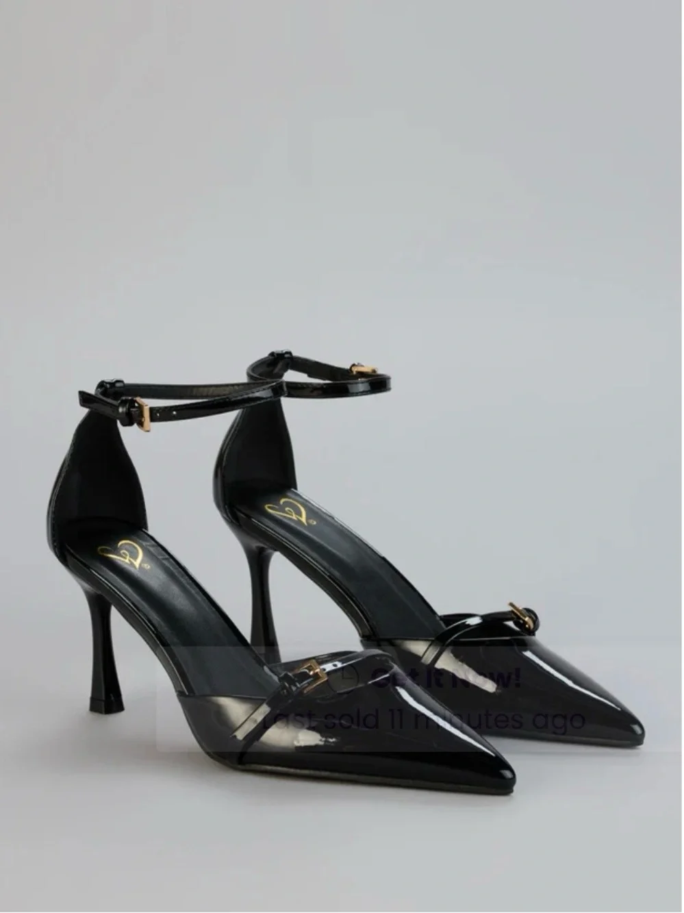Women's Black Patent Pointed-Toe Ankle-Strap Heels